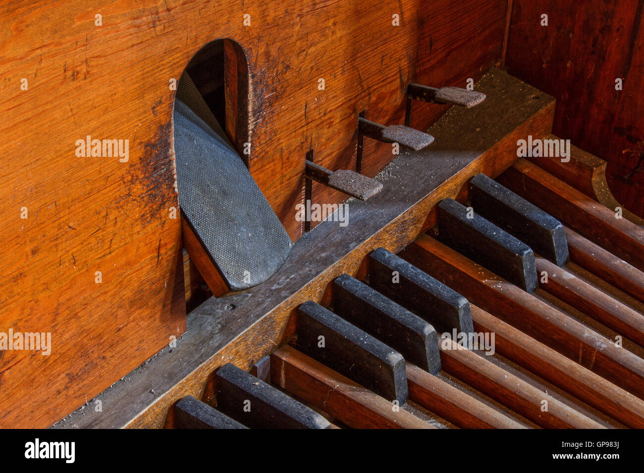 Close up of the foot pedals for the organ inside Severalls Chapel, Colchester Essex, UK Stock Photo
