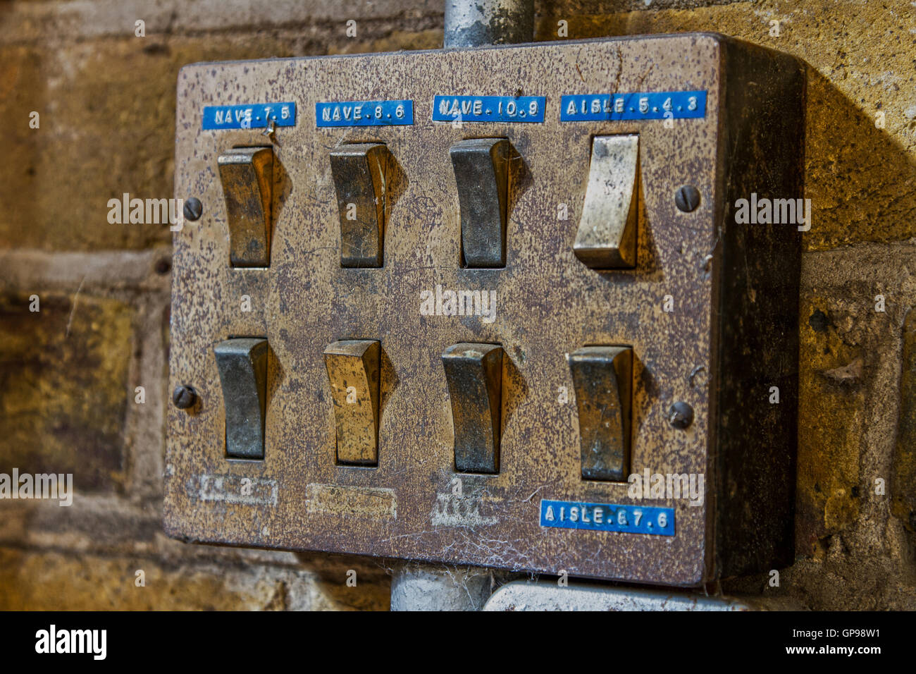 Rusty light switches inside Severalls Chapel, Colchester Essex, UK