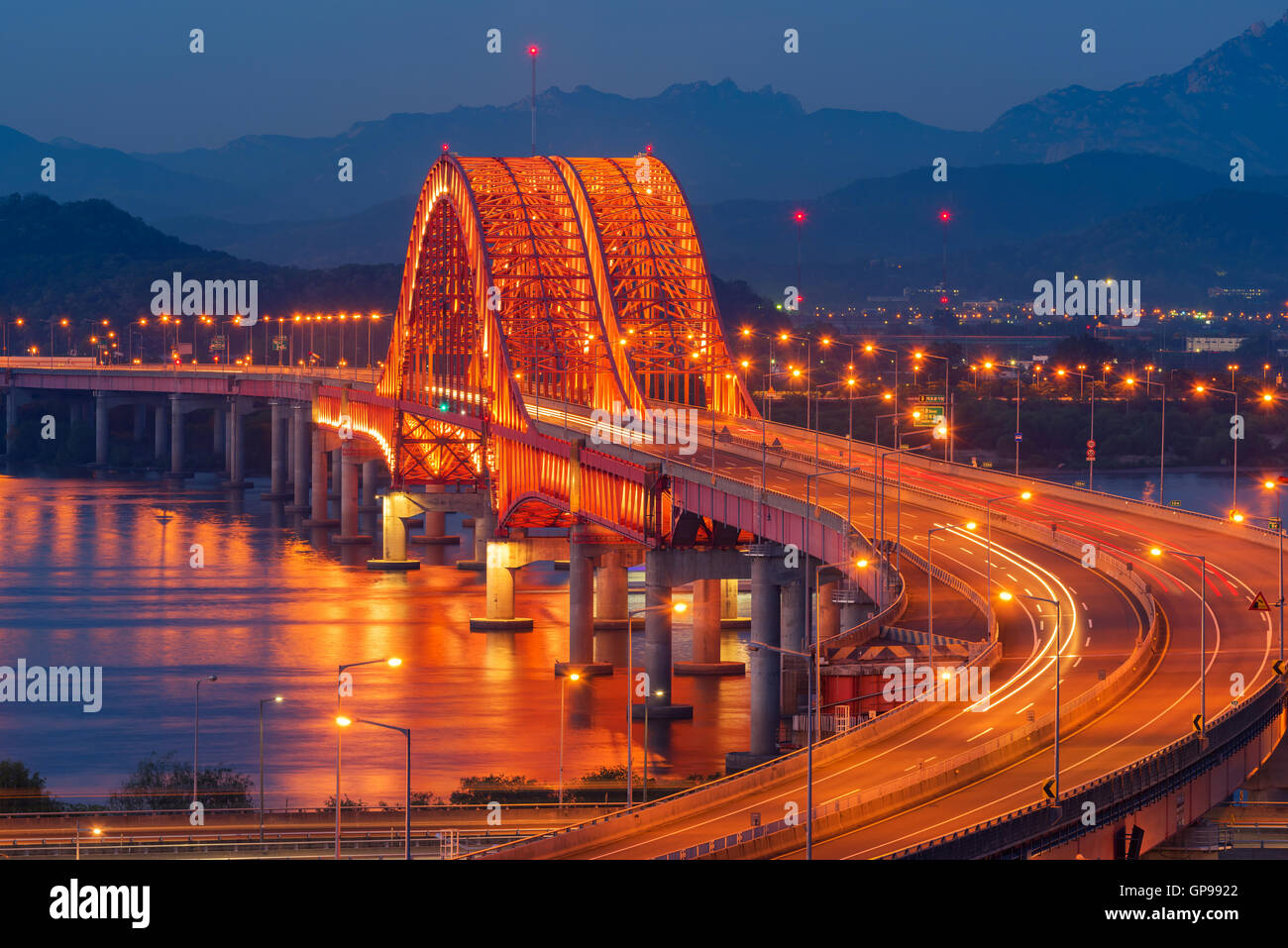 Bridge at Night of Han river in Seoul City,Korea. Stock Photo