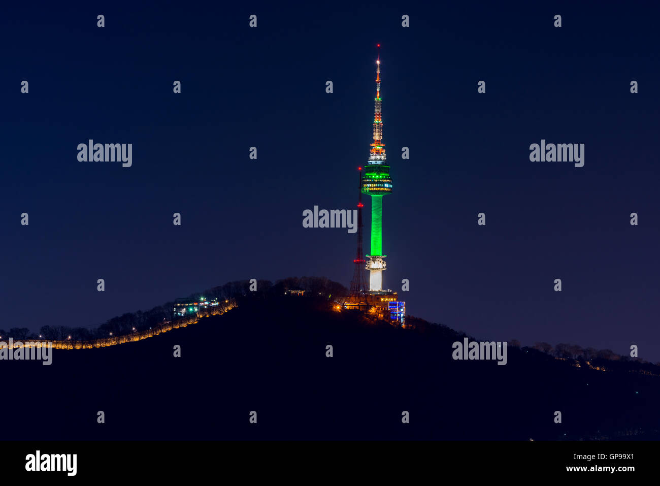 Namsan Mountain,Seoul tower at night in Seoul,South Korea. Stock Photo