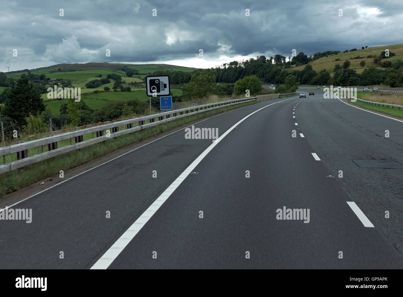 speed camera sign,m6,southbound,three lane,motorway,cumbria,england,great britain,united kingdom,europe Stock Photo