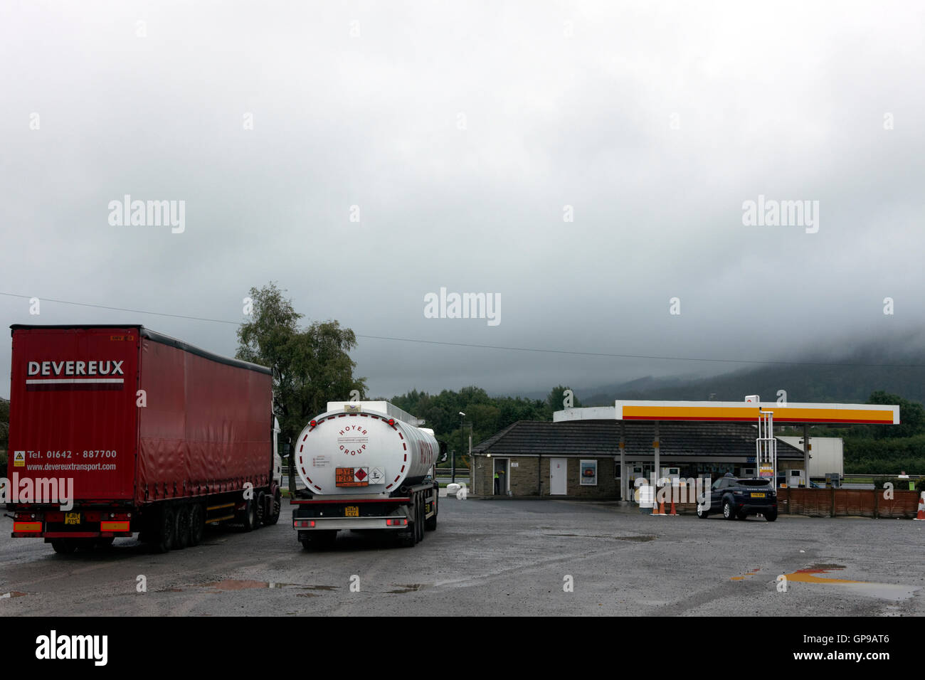 two parked lorries at exelby service station,a19,north yorkshire,united kingdom Stock Photo