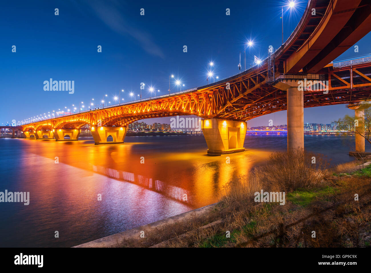 Bridge At Night Of Han River In Seoul City High Resolution Stock