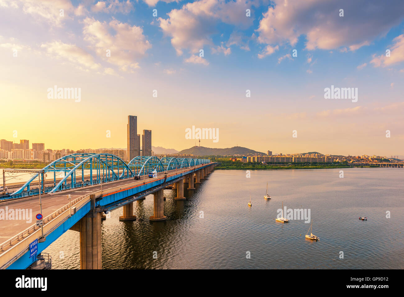 Sunset of Dongjak Bridge and Han river in Seoul City ,South korea. Stock Photo