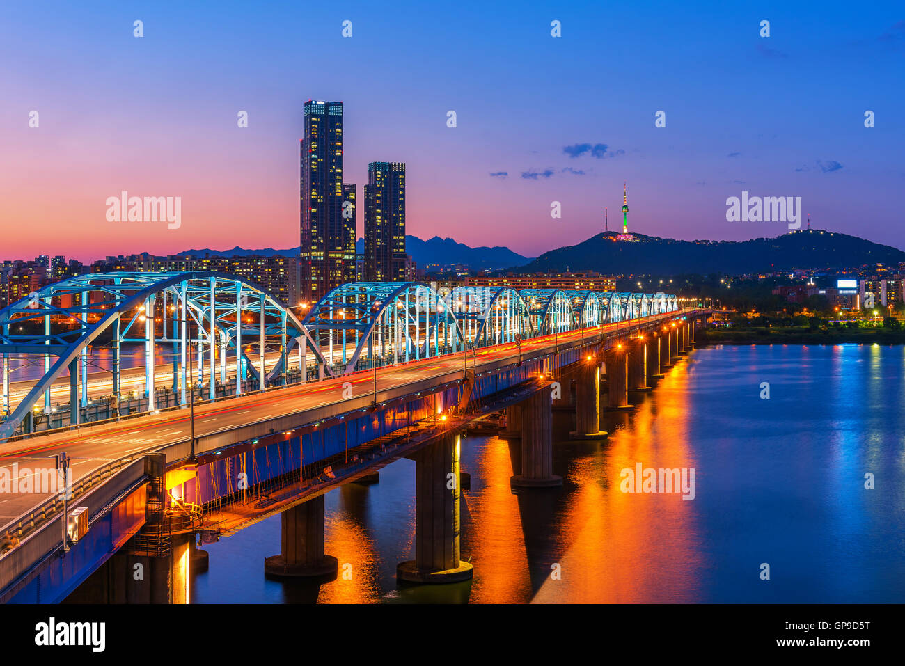 Korea,Seoul at night, South Korea city skyline at Dongjak Bridge Han river in Seoul , South Korea. Stock Photo