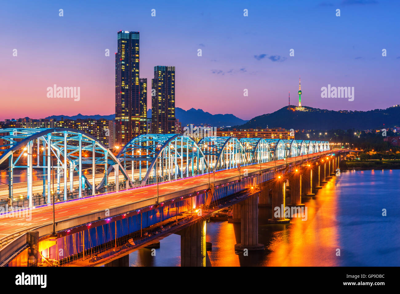 Korea,Seoul at night, South Korea city skyline at Dongjak Bridge Han river in Seoul , South Korea. Stock Photo