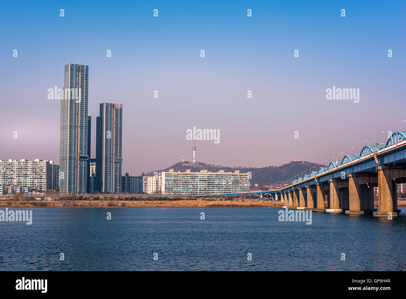 Dongjak Bridge and Seoul tower at Han river  in Seoul, South Korea. Stock Photo