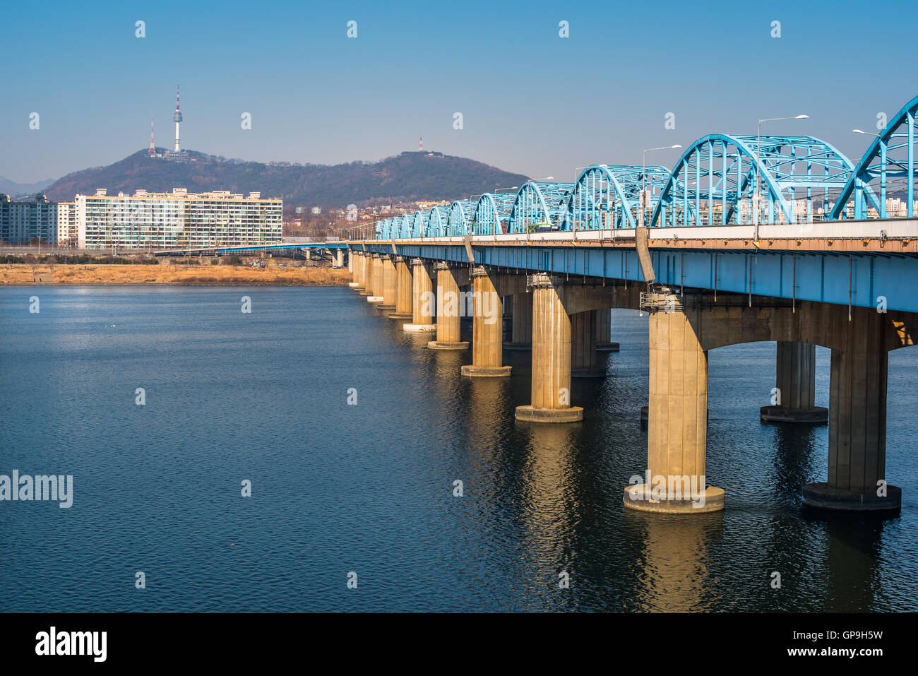 Dongjak Bridge and Seoul tower at Han river in Seoul, South Korea. Stock Photo
