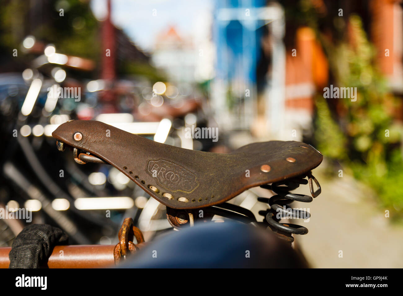 A Brooks saddle on a bike in Amsterdam Holland Netherlands Stock Photo
