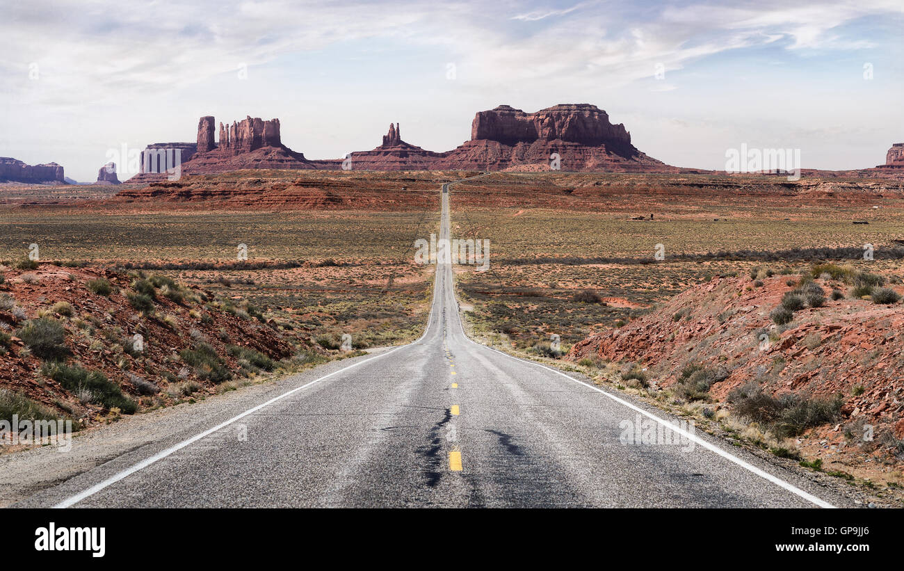Stunning Scenic view highway road in Utah america. Monument Valley scenic road. Monument Valley long road. Travel route Utah. Fo Stock Photo