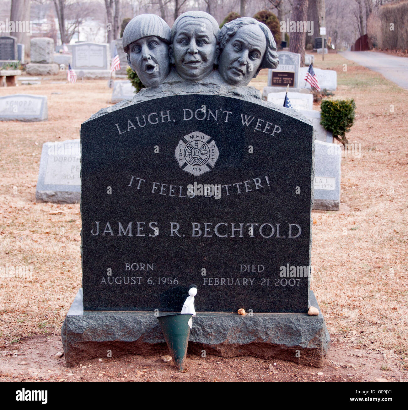 Firemans tombstone of the Three Stooges in Metuchen New Jersey Stock Photo