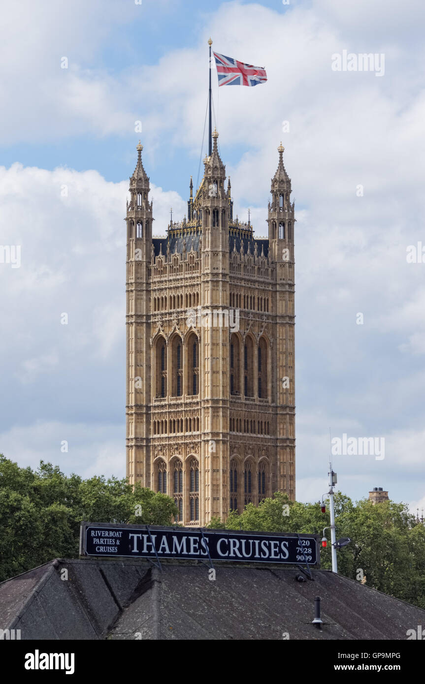 A union flag on top of the Victoria Tower, part of the Palace of Westminster in London, England United Kingdom UK Stock Photo