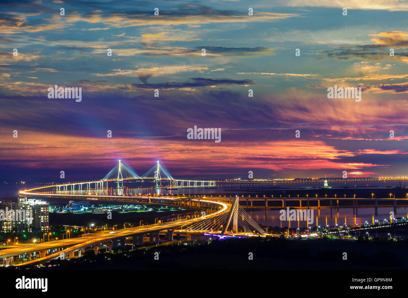 Sunset of Incheon Bridge at Night,Seouth Korea Stock Photo