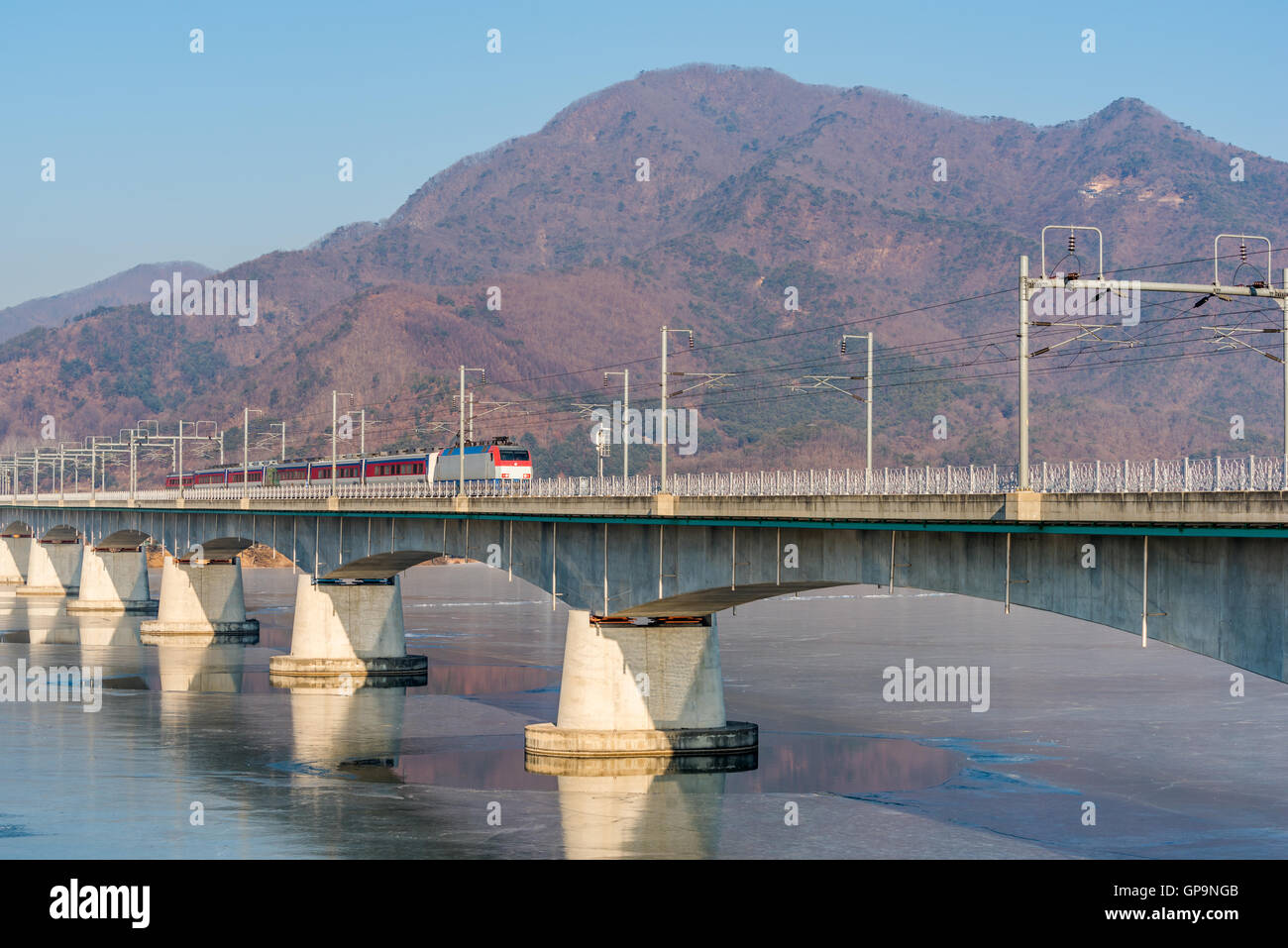 Korea Subway and Bridge at Hanriver in Seoul, South korea. Stock Photo