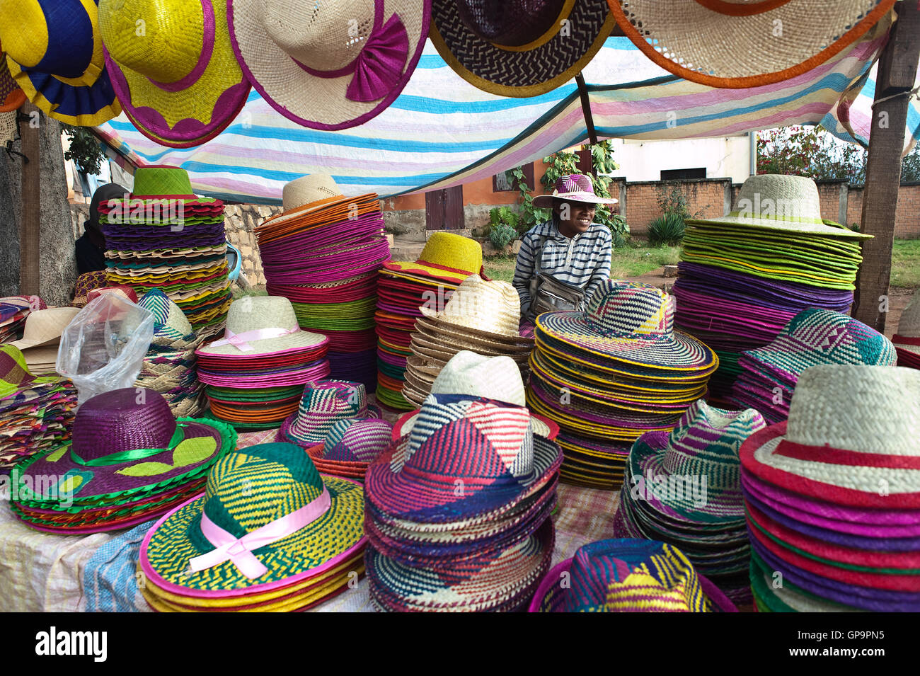 Woman selling traditional hats ( Madagascar Stock Photo - Alamy