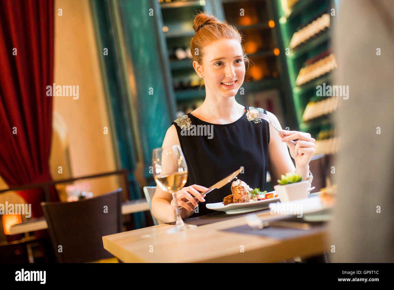 Young couple in the restaurant and have a romantic dinner Stock Photo