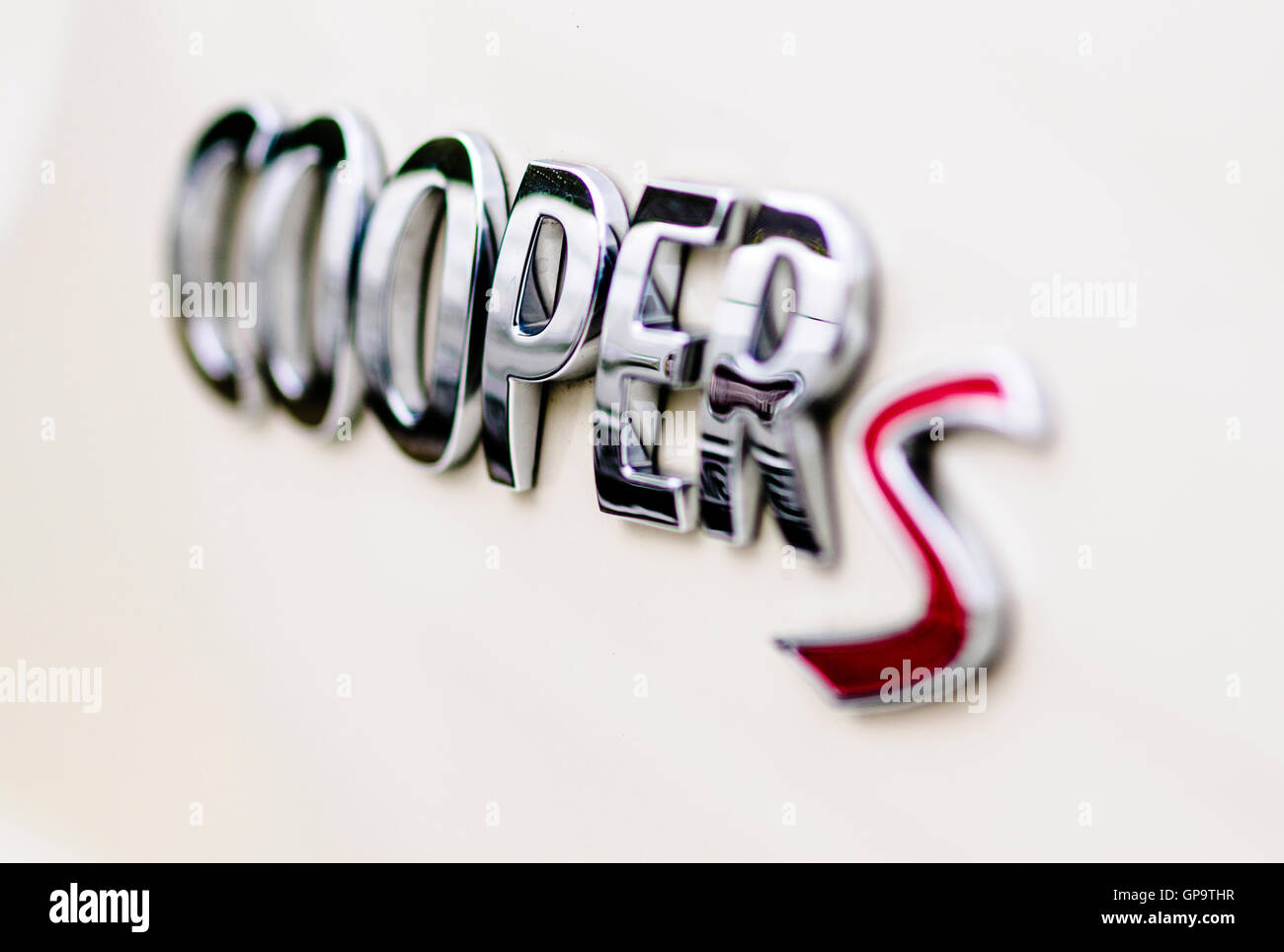 Mini Cooper S badge on a pepper white car Stock Photo