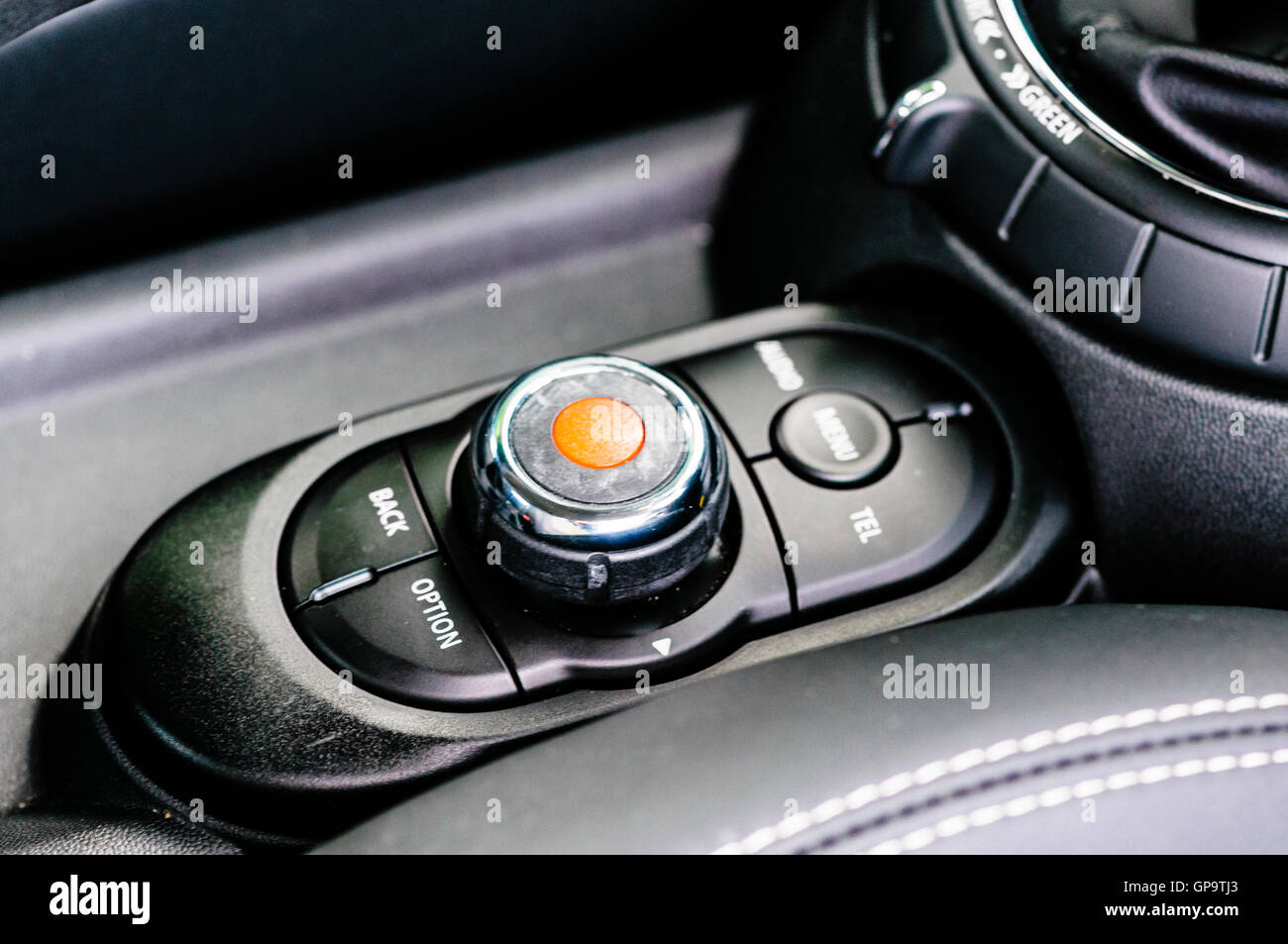 Central display control buttons in a 2016 Mini. Stock Photo