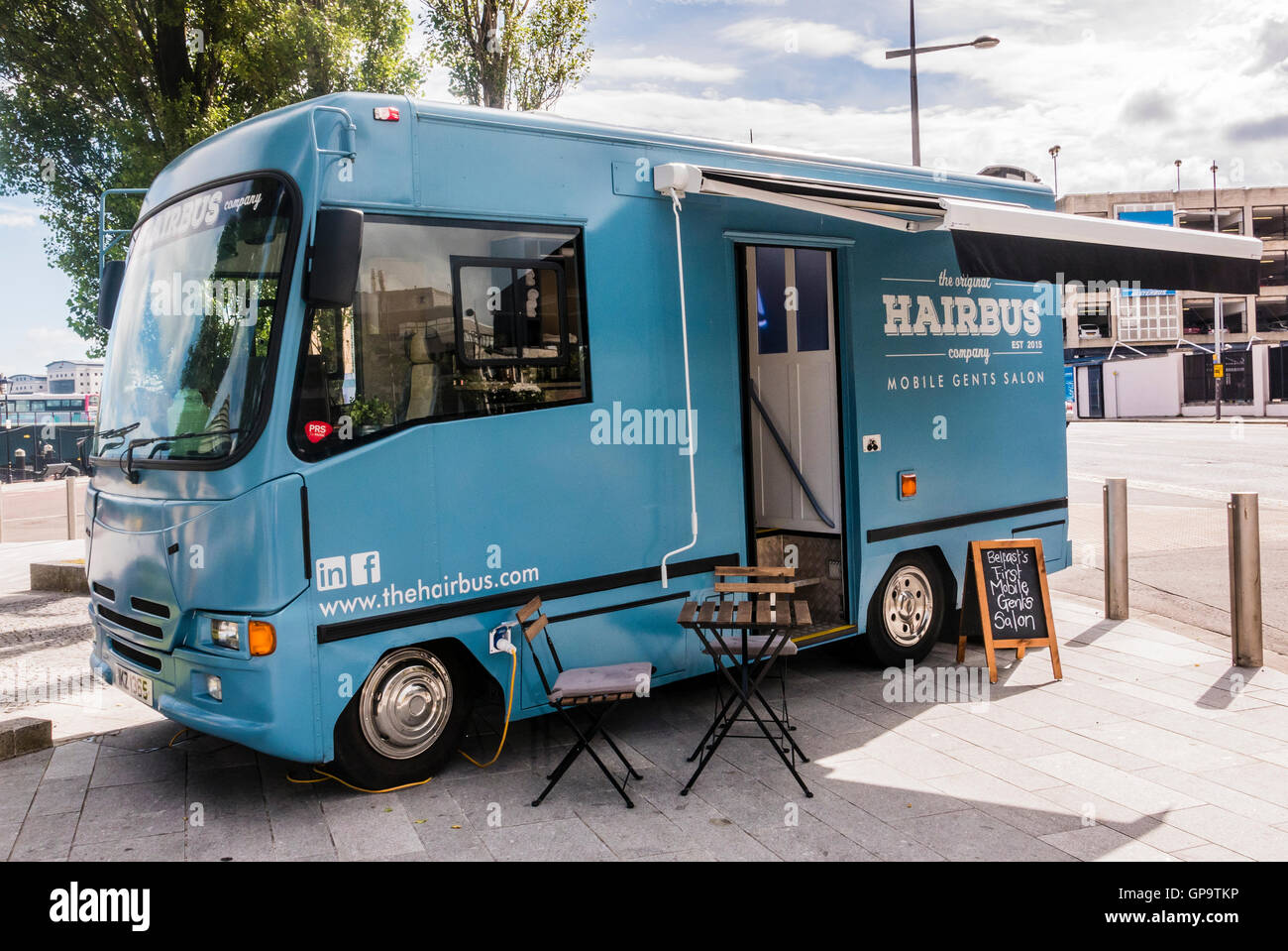 The Original Hairbus, a mobile barbers shop male grooming salon in a van, Belfast Stock Photo