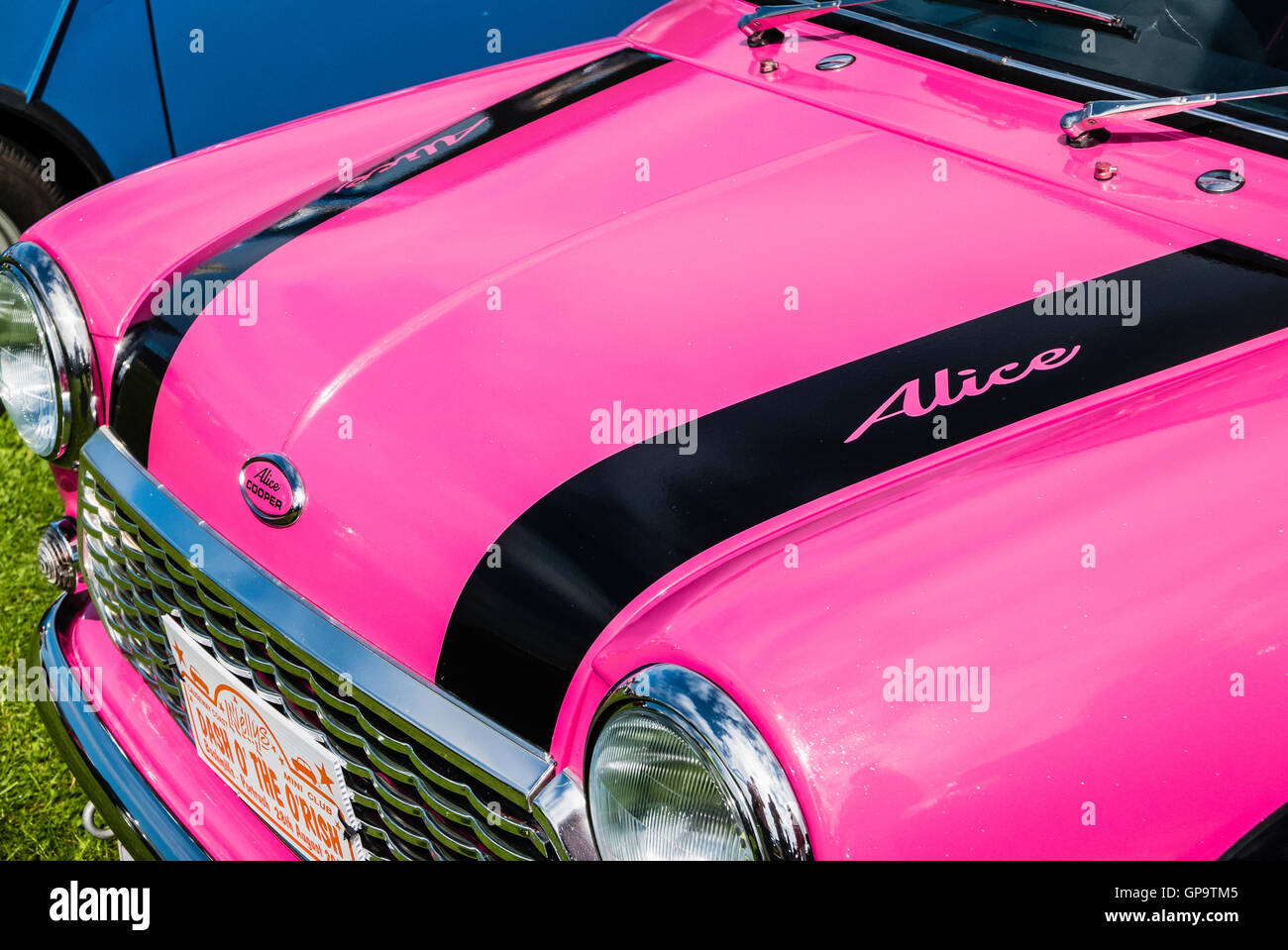 Pink Austin Mini Cooper S, nicknamed 'Alice Cooper' at a Mini Car Owners' Club exhibition Stock Photo