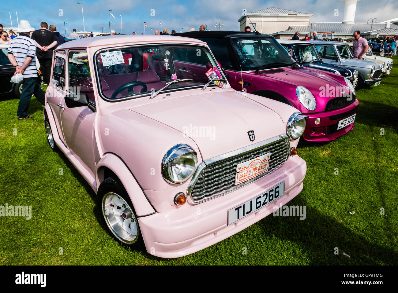 Pink Austin Mini at a Mini Car Owners' Club exhibition Stock Photo
