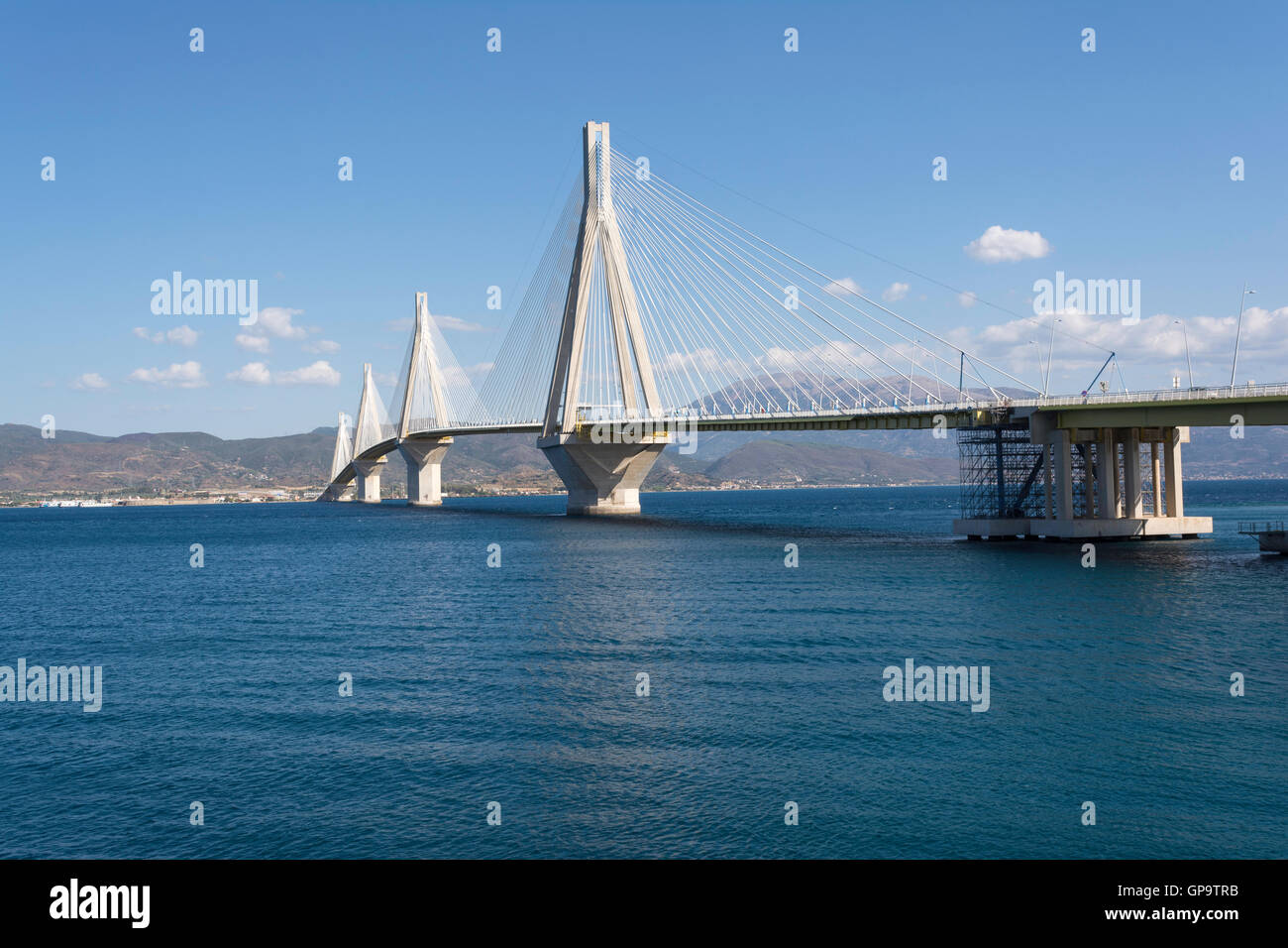 Cablestayed suspension bridge crossing Corinth Gulf strait, Greece. It