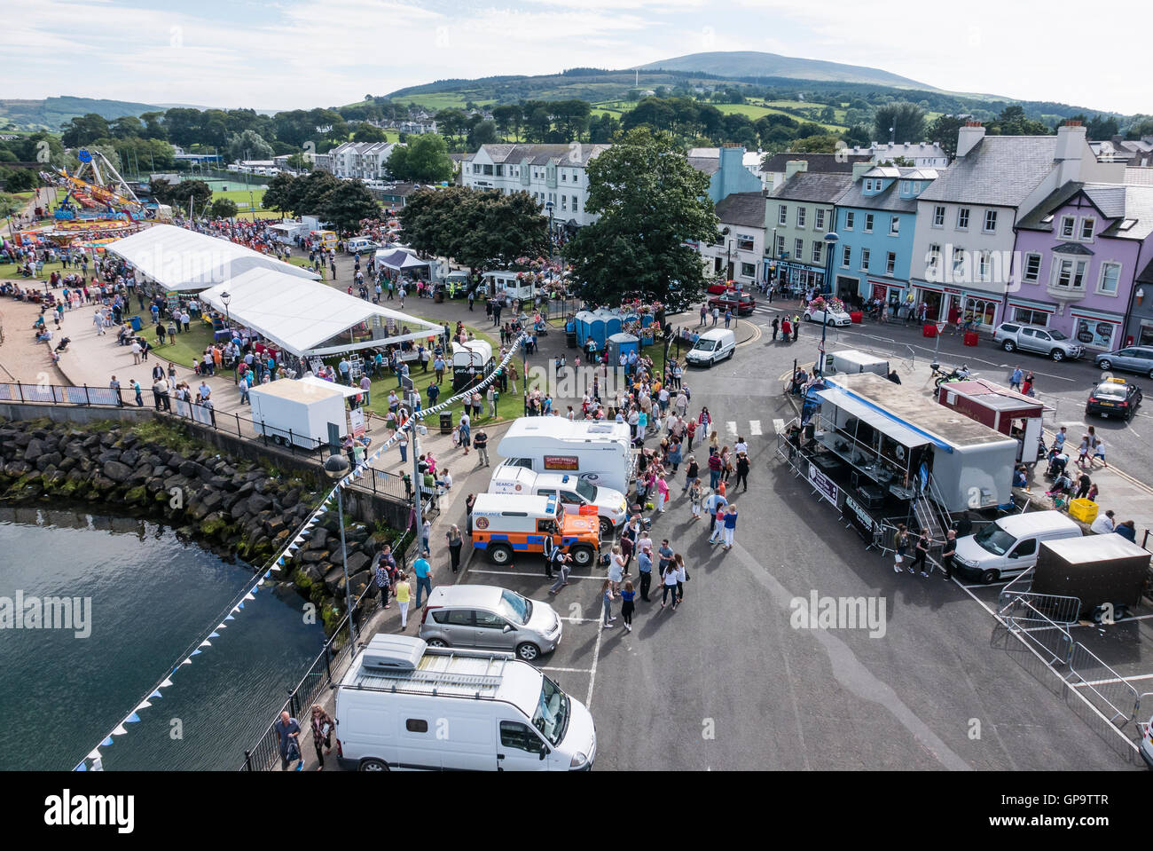 Crowds fill the streets of Ballycastle, during the annual Auld Lammas Fair, the oldest fair in the world. Stock Photo