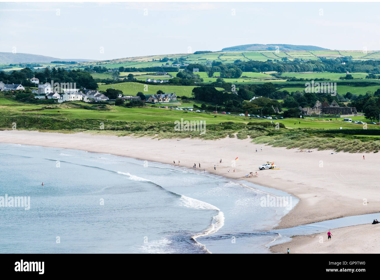 Ballycastle golf club beside the sandy beach, Northern Ireland. Stock Photo
