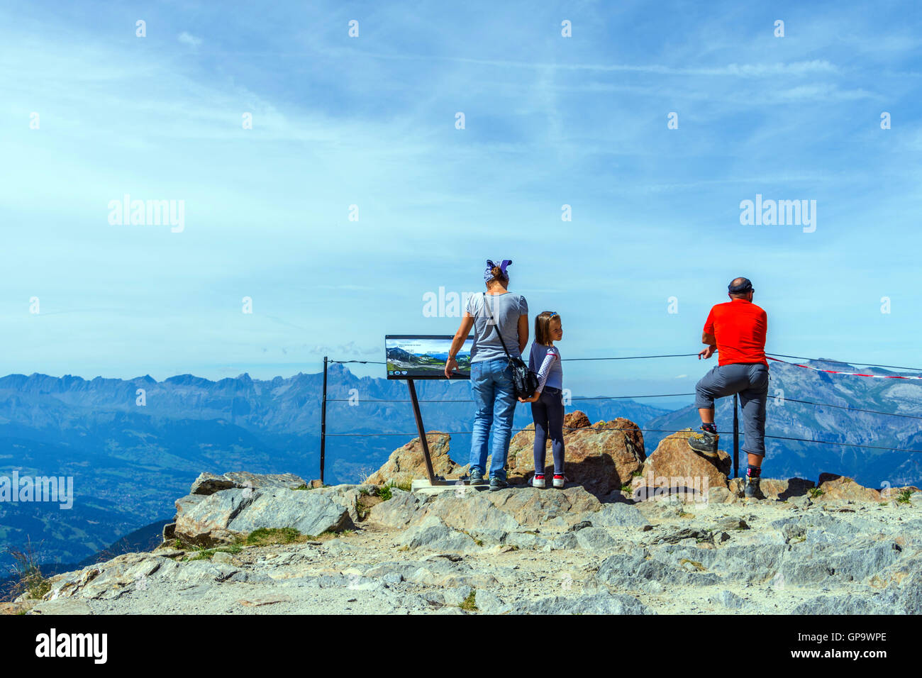 Family group at view-point, Nid d'Aigle, Chamonix, France Stock Photo