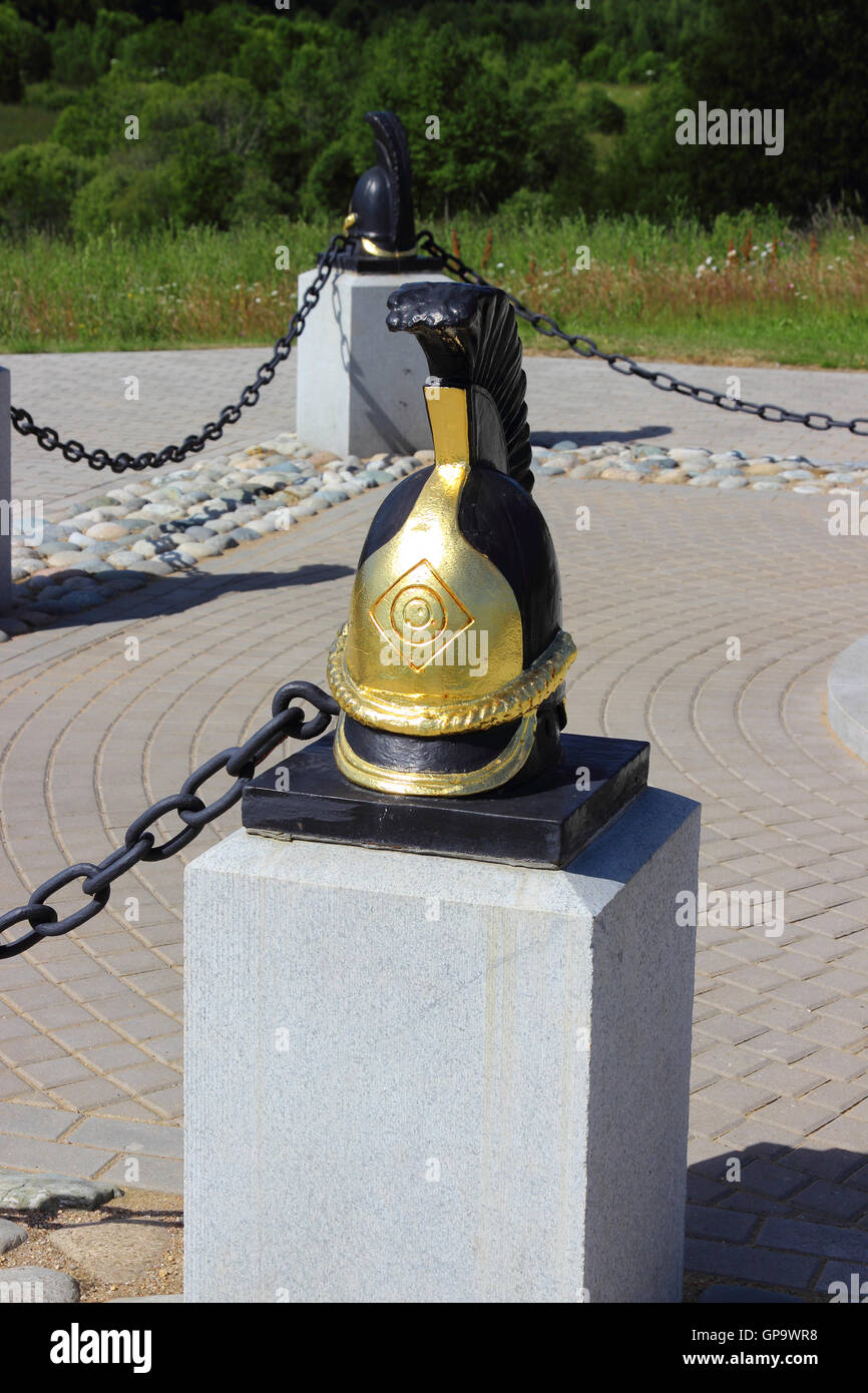 Cuirassier helmet on a plinth in Borodino, Russia Stock Photo