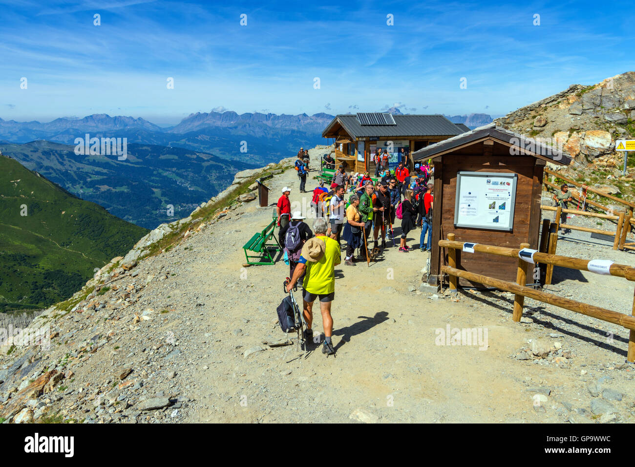 Crowds of hikers, climbers and tourists at the Nid d'AIgle, Mont Blanc Tramway, Chamonix, France Stock Photo