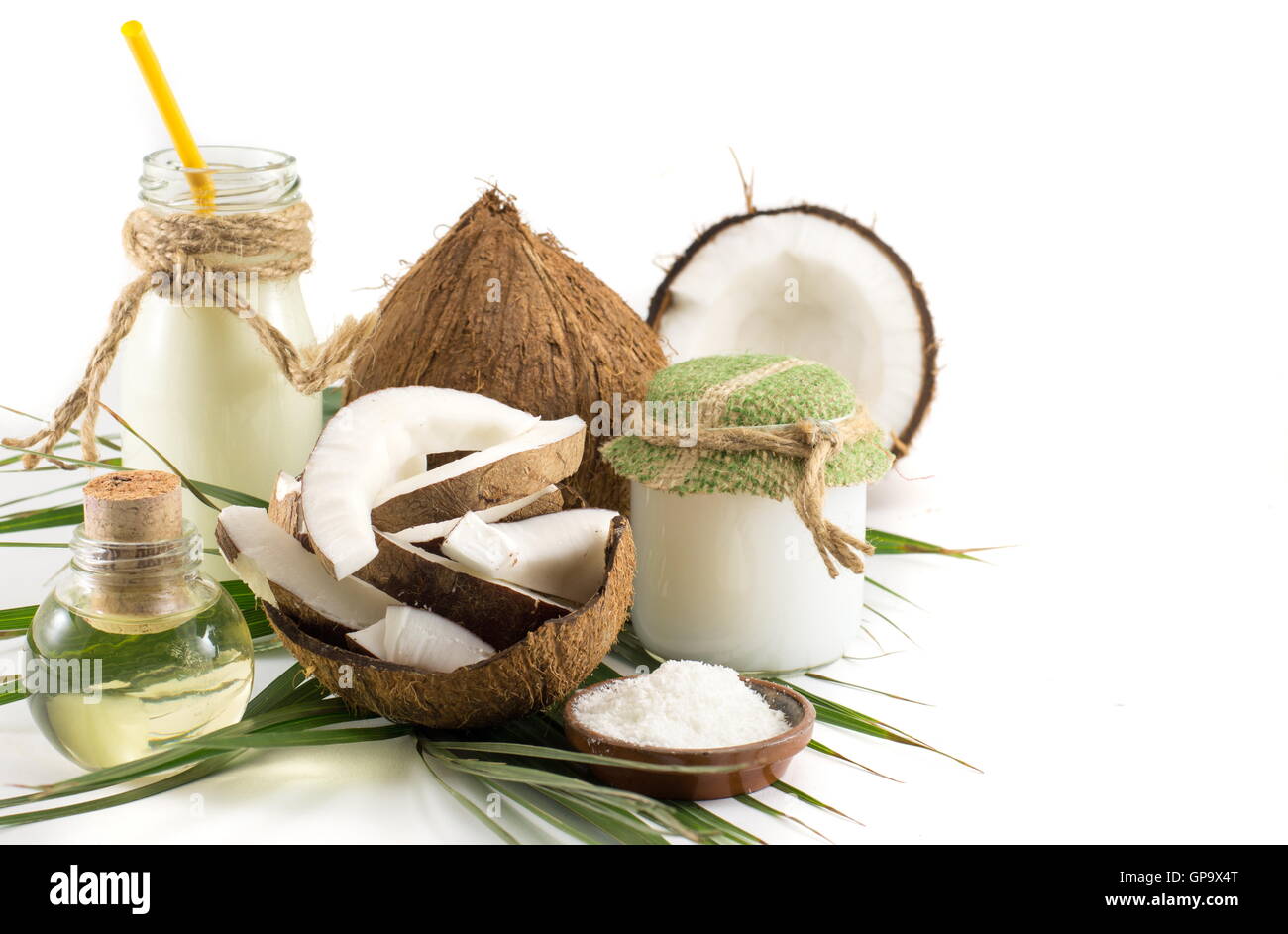 Coconut products with fresh fruit milk and oil Stock Photo