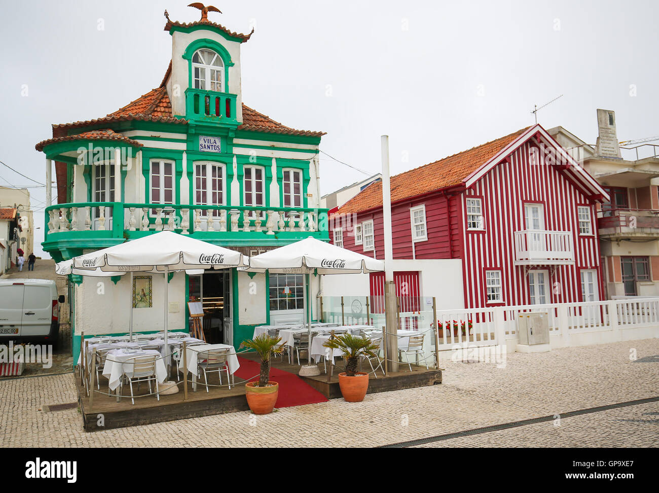 COSTA NOVA, PORTUGAL JULY 30, 2016 Traditional beach houses in Costa Nova, a famous beach
