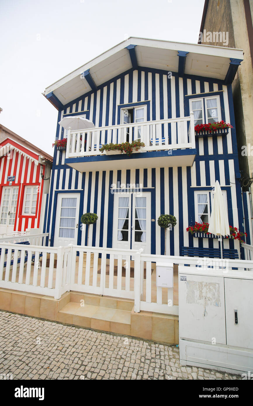 COSTA NOVA, PORTUGAL JULY 30, 2016 Traditional beach houses in Costa Nova, a famous beach