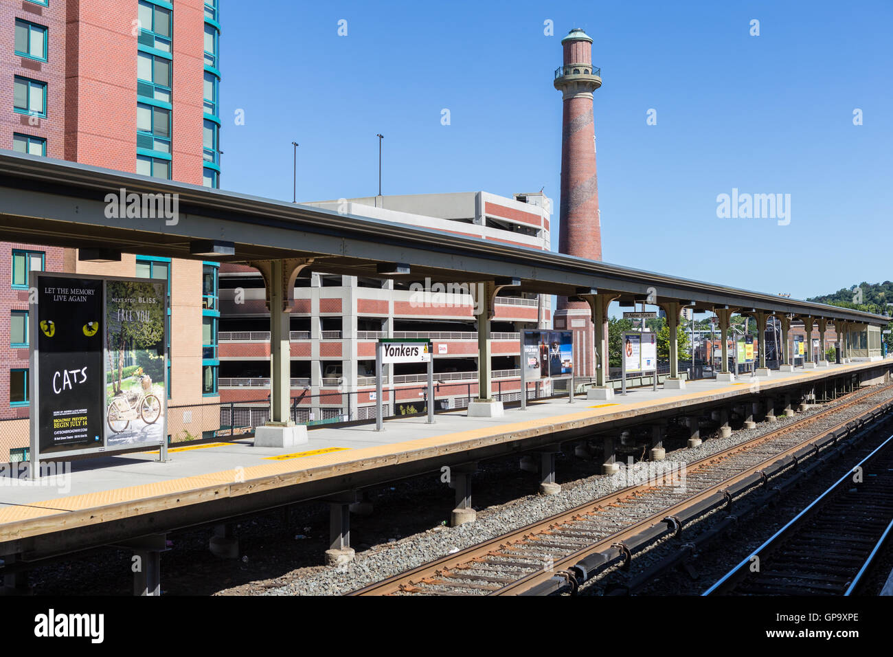 A Metro-North Hudson Line platform and tracks in the train station in Yonkers, New York. Stock Photo