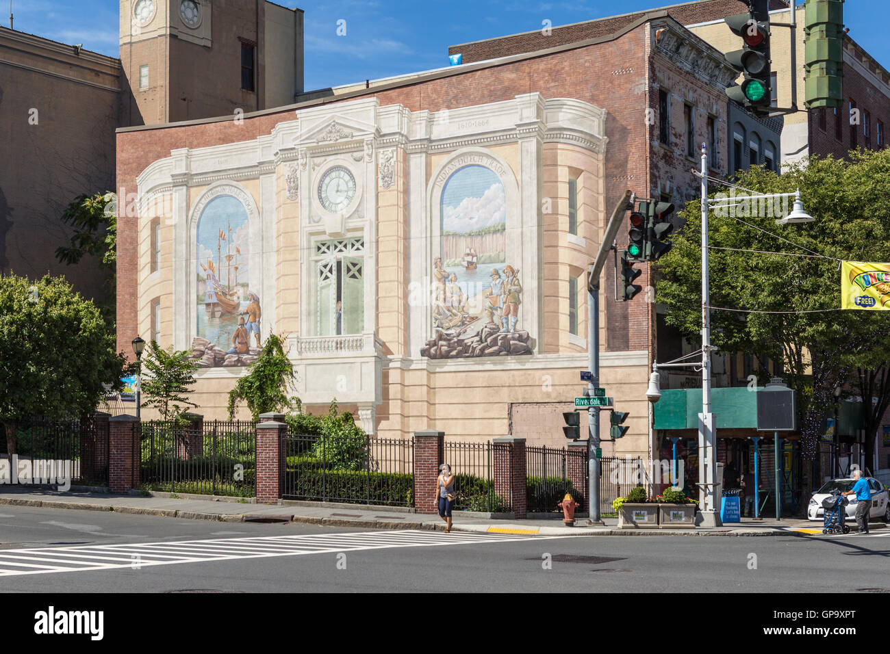 One of the 'Gateway to Waterfront' murals on a building wall in the Richard Haas Mural Historic District in Yonkers, New York. Stock Photo