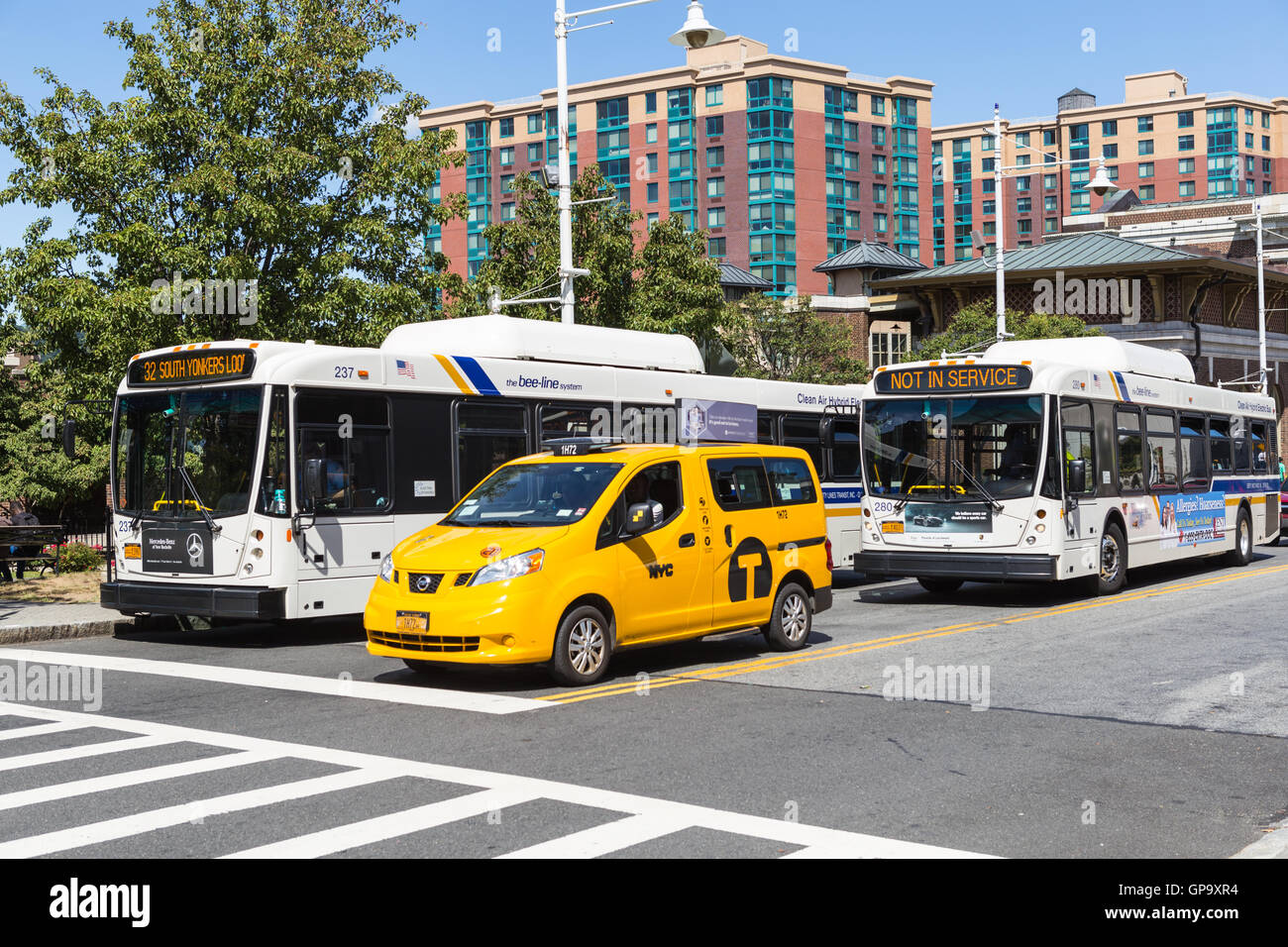 Westchester County Bee-line System buses serve passengers at the train station in Yonkers, New York. Stock Photo