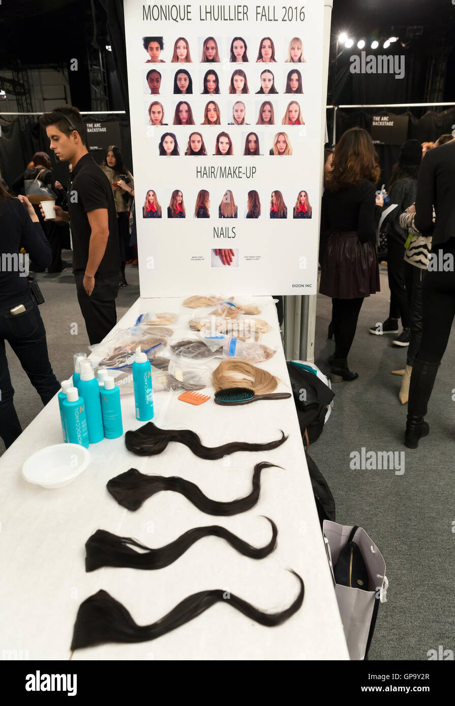 New York, NY - February 13, 2016: A general view of the atmosphere backstage at the Monique Lhuillier Fall 2016 fashion show Stock Photo
