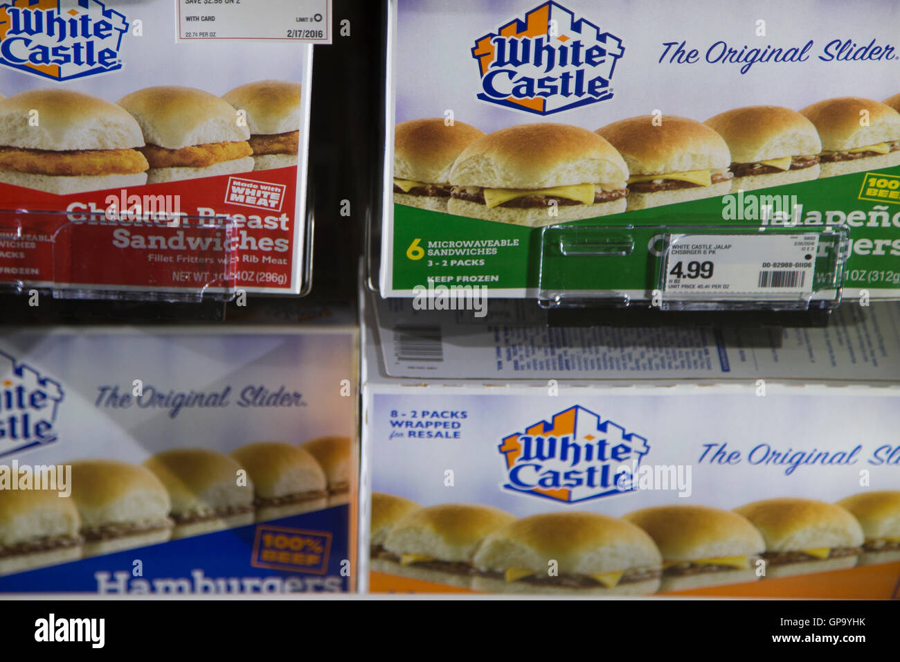 Packages of White Castle sliders in the frozen food department of a grocery store Stock Photo