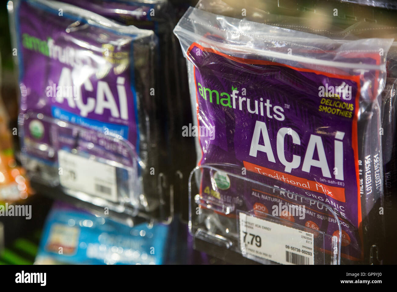 Amafruits brand acai organic fruit puree on a display at a grocery store. Stock Photo