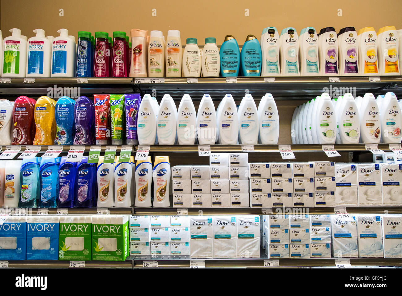 Shelves of brand name body wash and soap on display at a drugstore Stock Photo