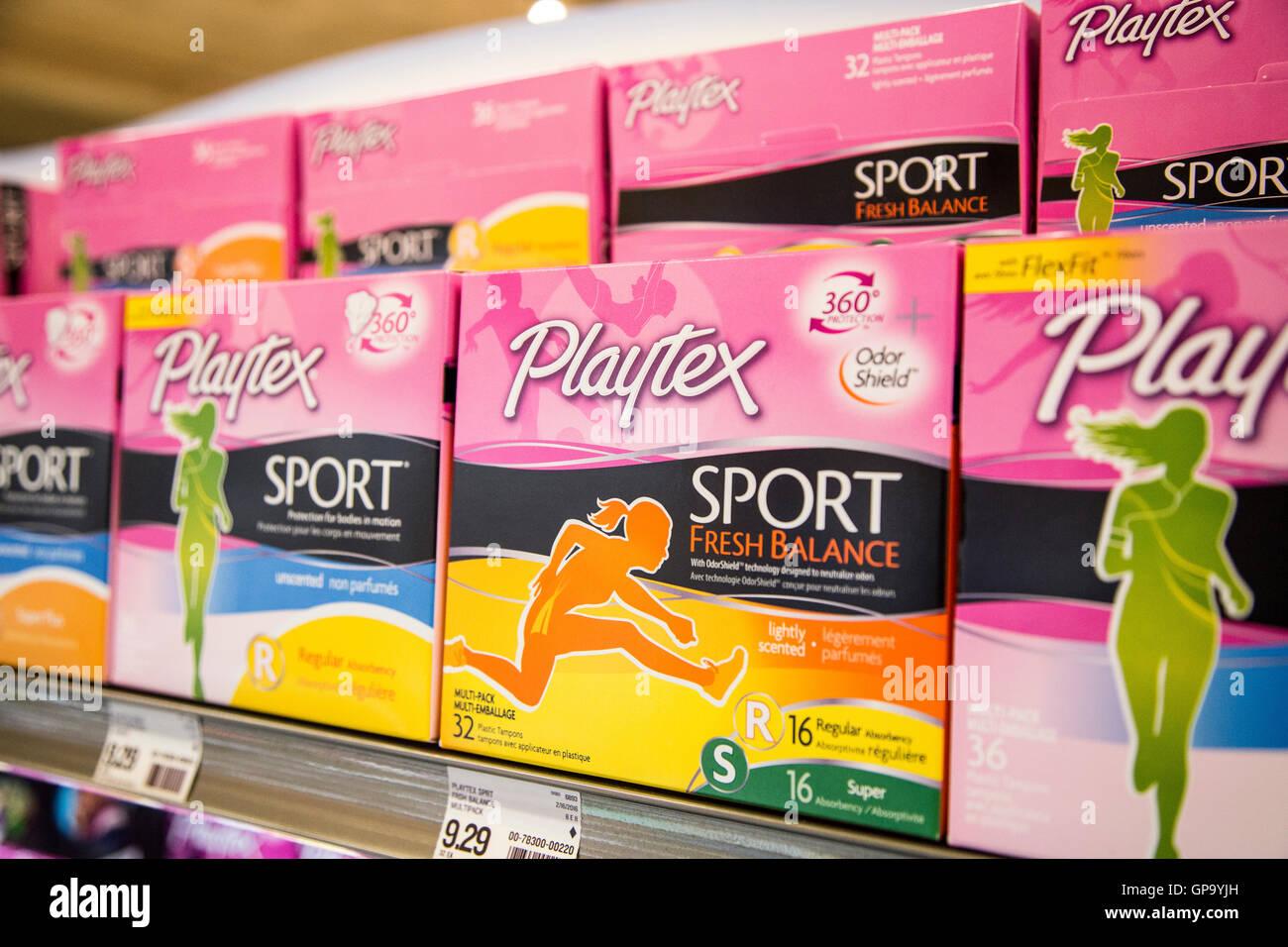 feminine hygiene care products on a shelf at a store Stock Photo
