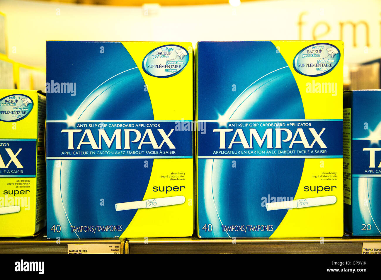 feminine hygiene care products on a shelf at a store Stock Photo