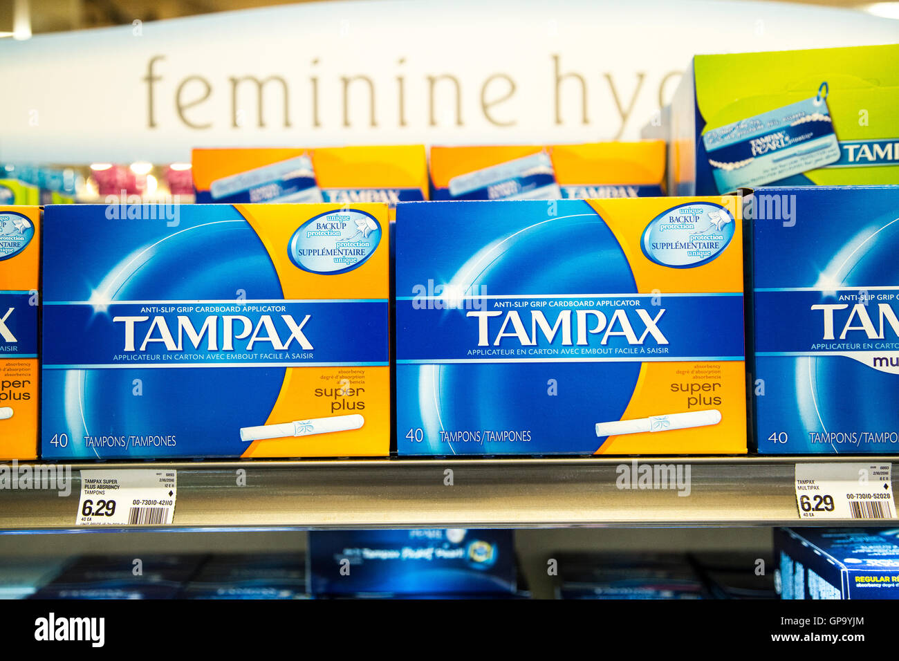 feminine hygiene care products on a shelf at a store Stock Photo