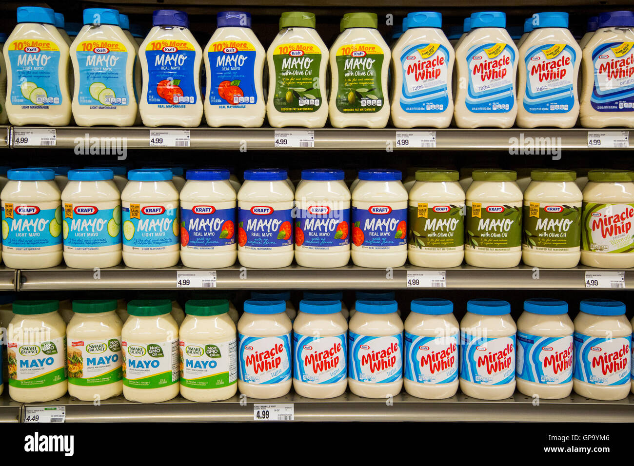 Rows Of Mayonnaise Displayed On The Shelves Of A Grocery Store GP9YM6 