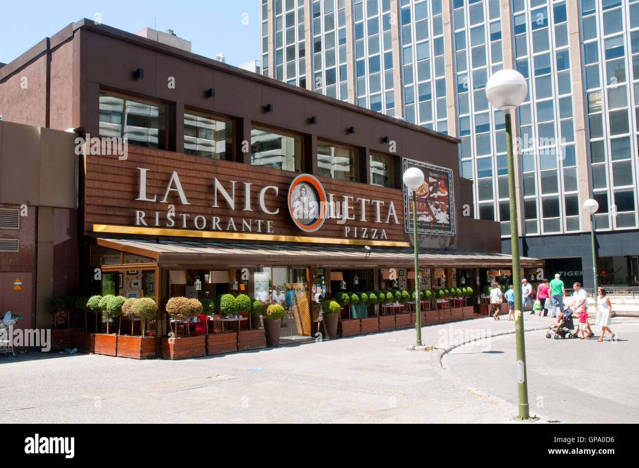Facade of pizza restaurant. AZCA, Madrid, Spain Stock Photo Alamy