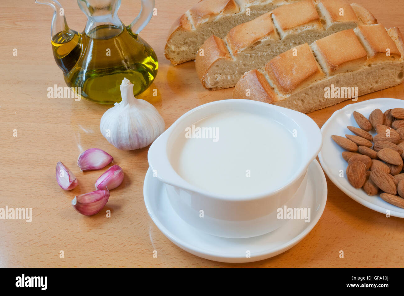 Ajoblanco and its ingredients. Malaga, Andalucia, Spain. Stock Photo