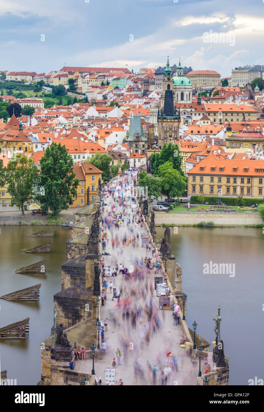 The Charles bridge is located in Prague, Czech Republic. Finished in the XV century, it crosses the Vltava river, leading the ca Stock Photo