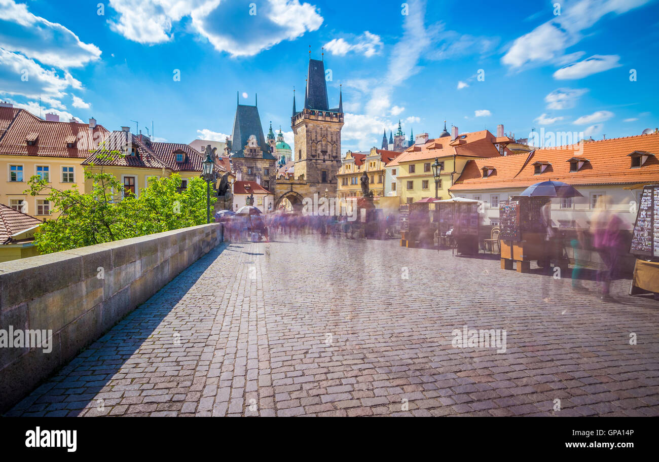 The Charles bridge is located in Prague, Czech Republic. Finished in the XV century, it is a medieval gothic bridge crossing the Stock Photo