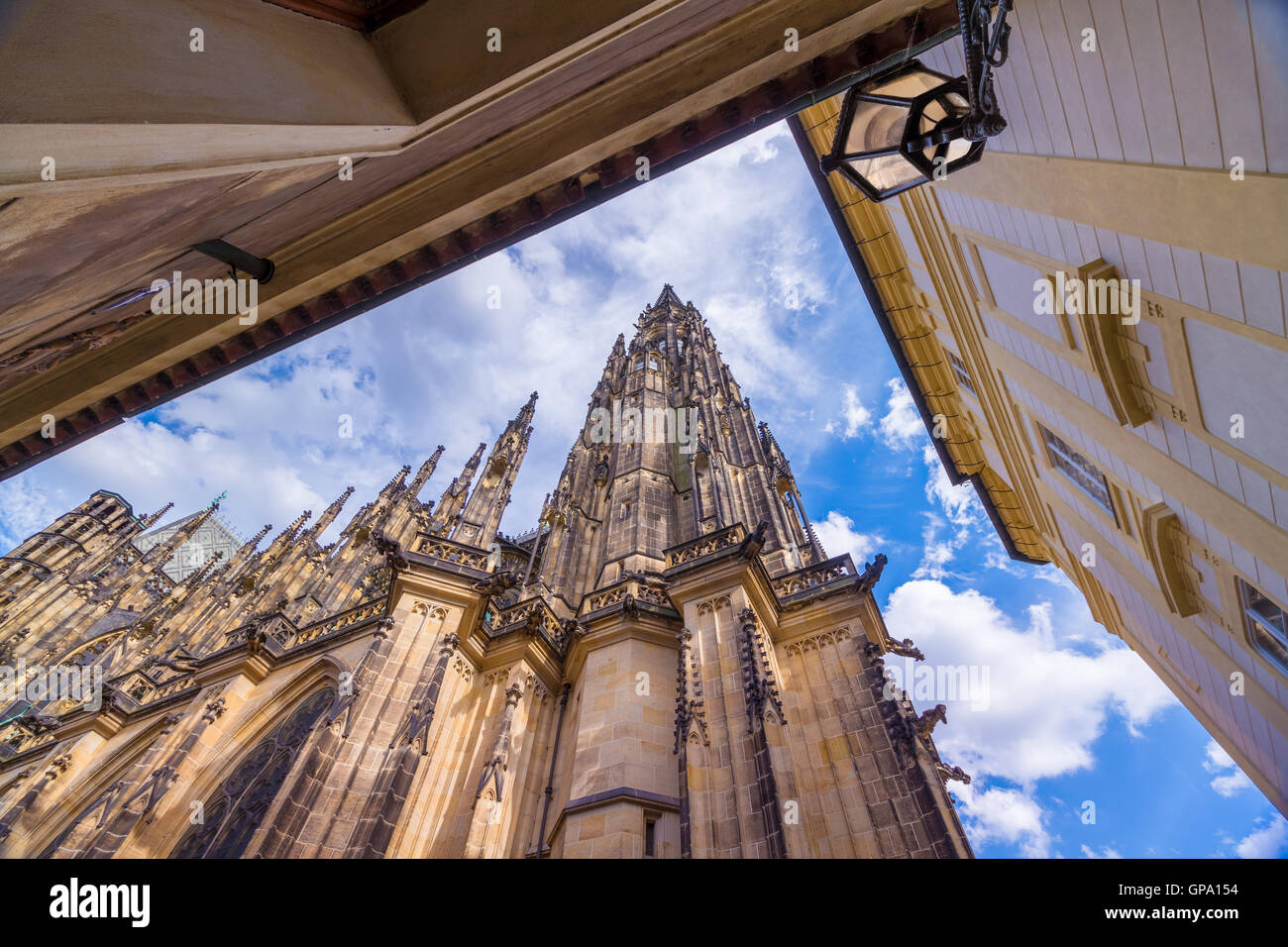The St. Vitus Cathedral, Prague, is a beautiful example of Gothic architecture and is the biggest and most important church in t Stock Photo
